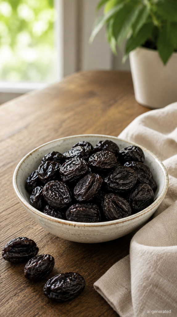 Bowl filled with dark, glossy prunes on a rustic wooden table beside a soft linen cloth, with natural daylight and green plants in the background.