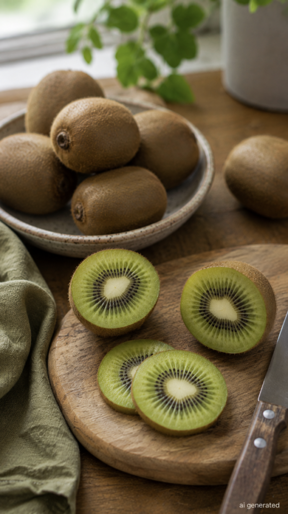 Fresh green kiwis, whole and sliced, arranged on a wooden cutting board with a bowl of whole kiwis in the background.