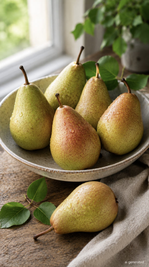 Fresh green and golden pears with water droplets arranged in a ceramic bowl on a rustic wooden table, softly illuminated by natural window light.