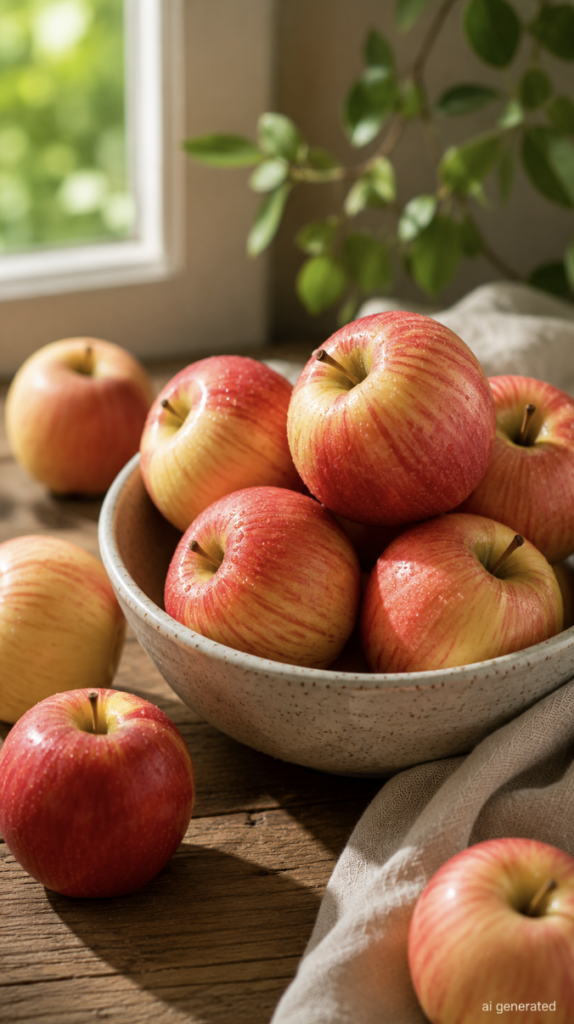 Fresh red and yellow apples covered with water droplets in a ceramic bowl on a rustic wooden table, illuminated by warm natural sunlight with green plants in the background.