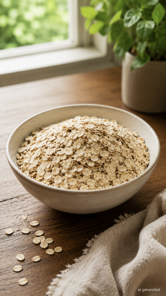 Bowl filled with rolled oats on a rustic wooden table beside a soft linen cloth, with natural window light and a green plant in the background.