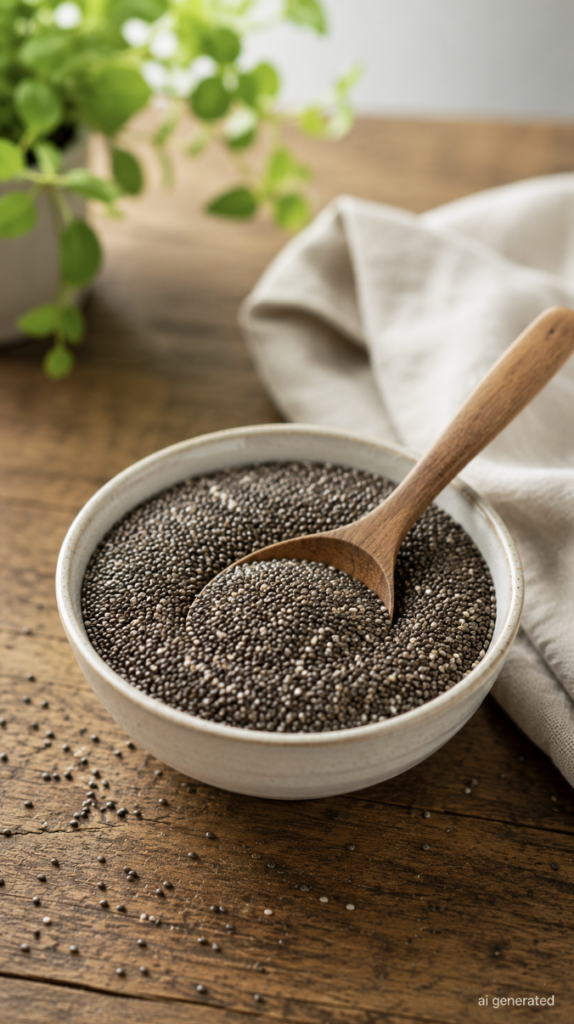 Bowl filled with chia seeds and a wooden spoon on a rustic wooden table, with a soft linen cloth and green plant in the background.