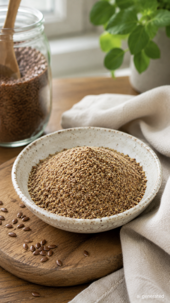Ground flaxseed in a ceramic bowl on a wooden board, surrounded by whole flaxseeds, a glass jar, and a soft linen cloth in a bright kitchen setting.