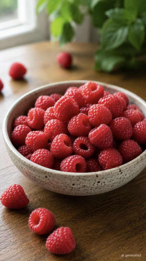 Fresh red raspberries in a rustic ceramic bowl on a wooden table, softly lit by natural daylight with green plants blurred in the background.