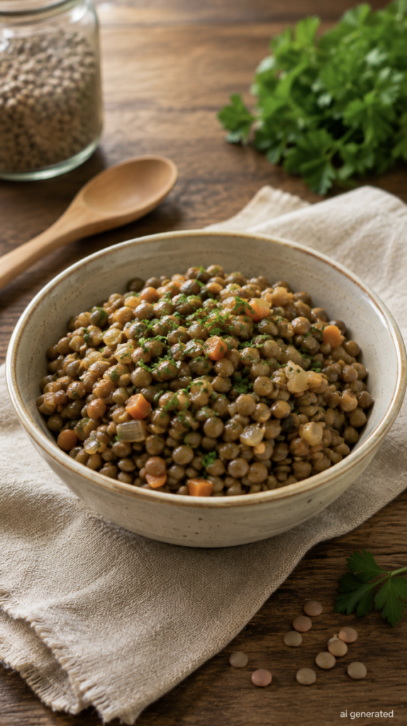 Cooked lentils with diced carrots, onions, and fresh parsley served in a ceramic bowl on a rustic wooden table.