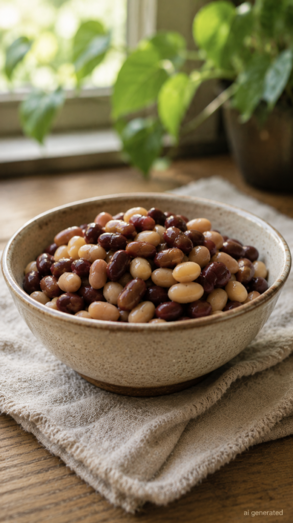 A rustic ceramic bowl filled with mixed beans on a wooden table, softly lit by natural sunlight with green houseplants blurred in the background.