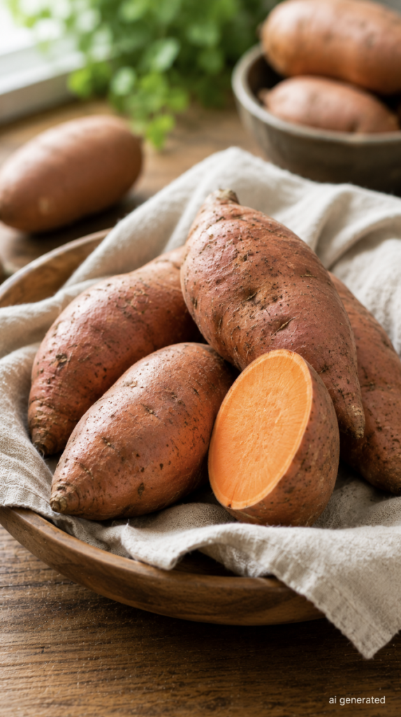 Fresh sweet potatoes arranged in a rustic wooden bowl, including one cut open to reveal its bright orange flesh, on a wooden kitchen table with soft natural light.