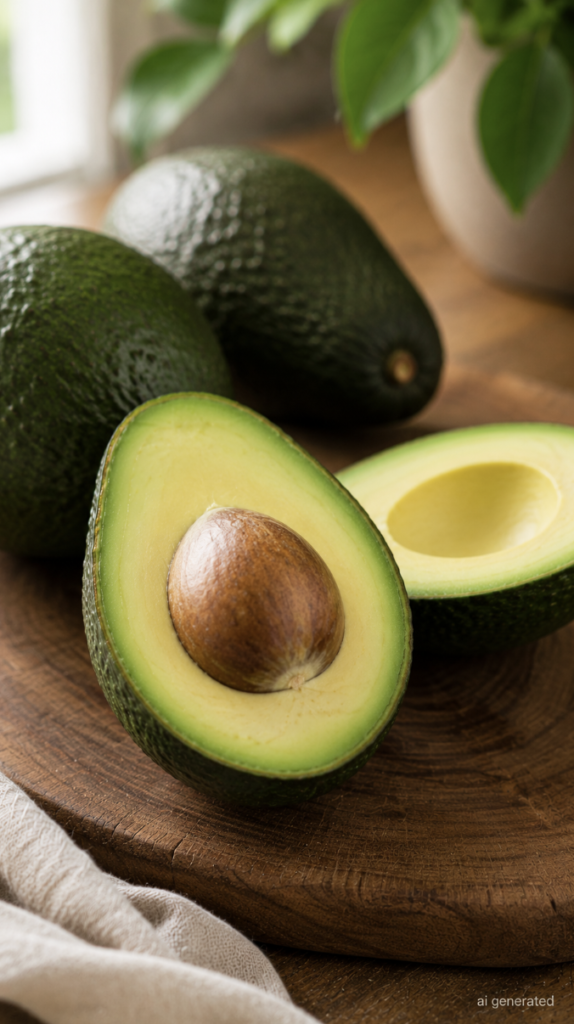 Fresh ripe avocados, including a halved avocado with the pit, arranged on a wooden cutting board in a bright, natural kitchen setting.
