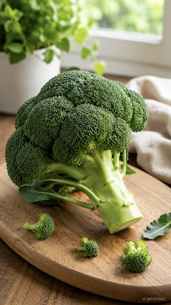 Fresh green broccoli head on a wooden cutting board with small broccoli florets, softly lit by natural daylight in a cozy kitchen setting.