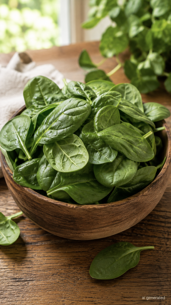 Fresh green spinach leaves in a rustic wooden bowl on a wooden table, softly lit by natural daylight with greenery in the background.