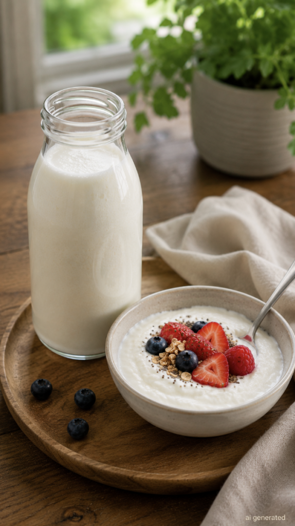 Bowl of creamy yogurt topped with fresh strawberries, blueberries, raspberries, granola, and seeds beside a glass bottle of kefir on a wooden table.