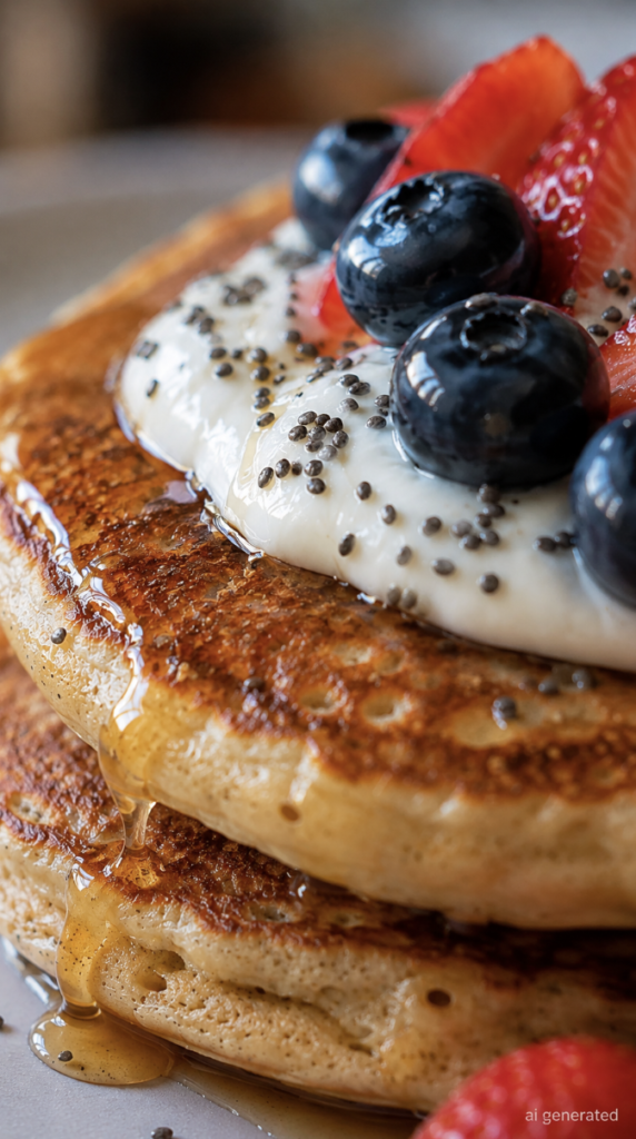Close-up of fluffy golden pancakes topped with Greek yogurt, fresh blueberries, strawberries, chia seeds, and maple syrup.