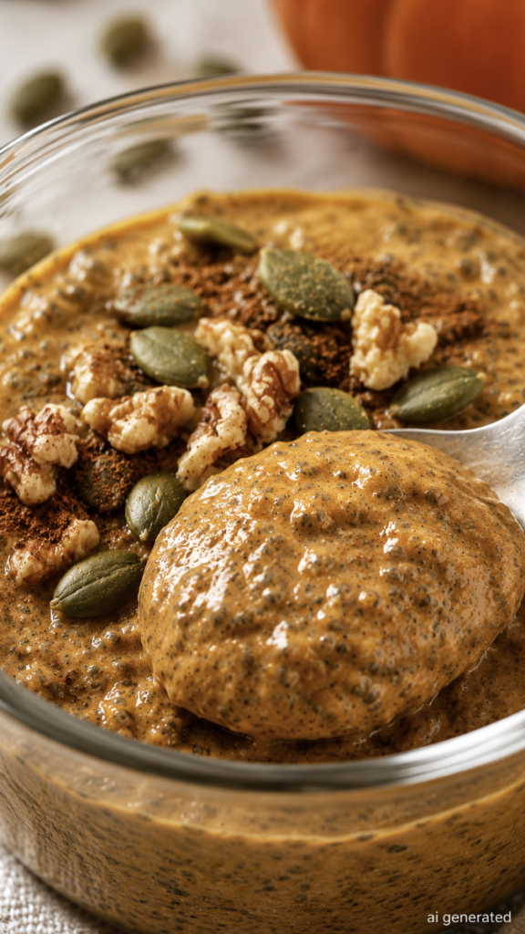 Pumpkin chia pudding topped with walnuts, pumpkin seeds, and cinnamon in a glass bowl.