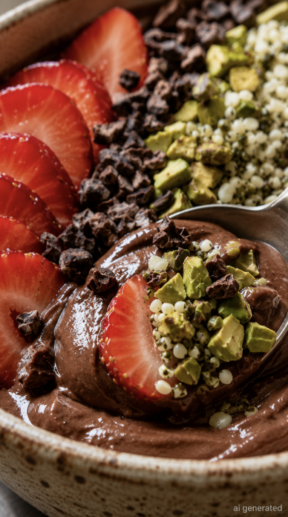 Chocolate Smoothie Bowl with Strawberries, Cacao Nibs, Pistachios and Seeds
