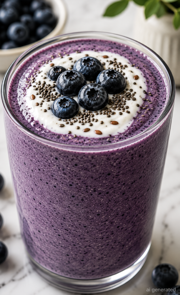 Creamy Blueberry Chia Smoothie with Fresh Blueberries and Yogurt Topping