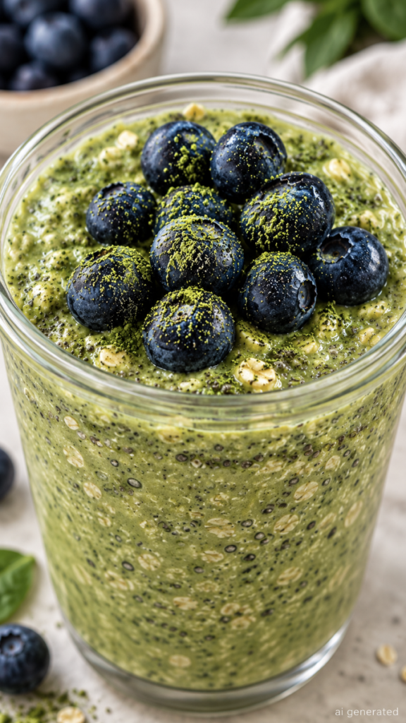 Green Chia Oat Smoothie with Fresh Blueberries and Matcha Topping