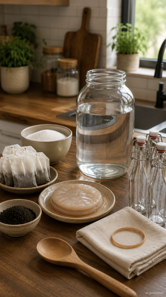 Kombucha brewing ingredients and equipment arranged on a wooden kitchen counter, including a glass jar, SCOBY, black tea, sugar, wooden spoon, cloth, rubber band, and glass bottles.