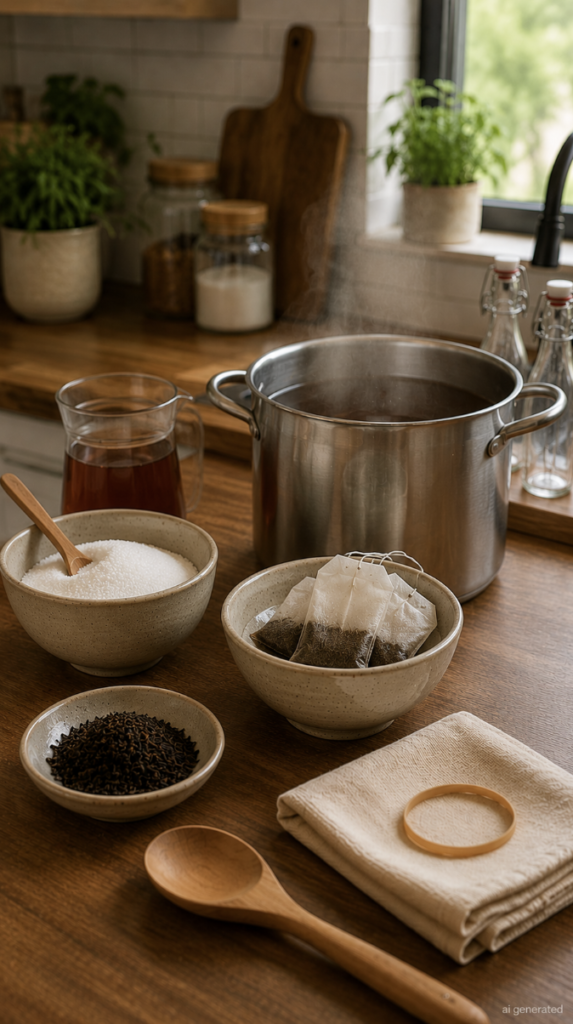 Brewing black tea with sugar in a warm kitchen for homemade kombucha.