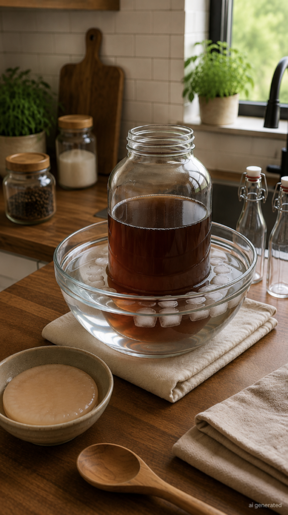 A glass jar filled with freshly brewed black tea sits in an ice-water bath on a wooden kitchen counter to cool to room temperature before adding the SCOBY. A bowl containing the SCOBY, a wooden spoon, and kombucha-brewing supplies are arranged nearby in a warm, naturally lit kitchen.