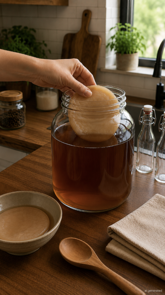 A hand gently placing a SCOBY into a large glass jar of cooled sweet black tea in a warm, cozy kitchen, demonstrating a step in homemade kombucha preparation.