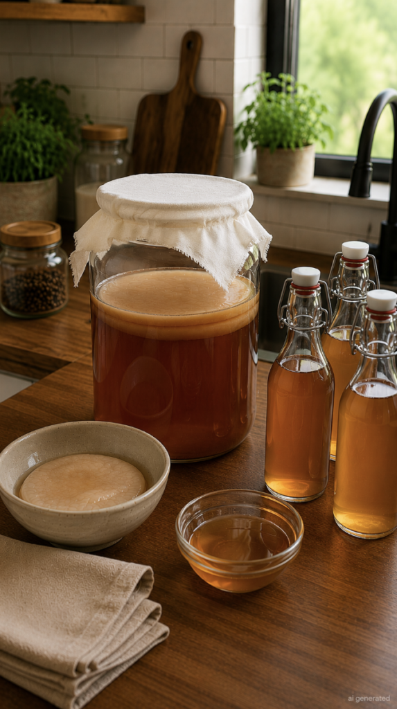 Glass jar of homemade kombucha with a SCOBY, surrounded by bottled kombucha and fermentation supplies on a warm wooden kitchen counter