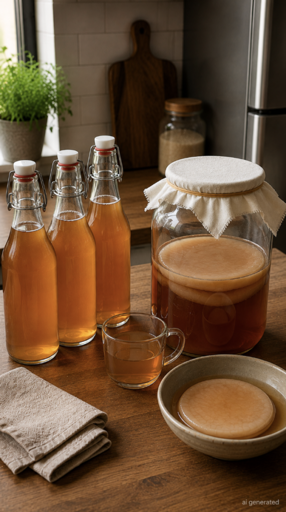Bottled homemade kombucha and a SCOBY hotel in glass jars on a warm wooden kitchen counter, ready for storage and future batches.