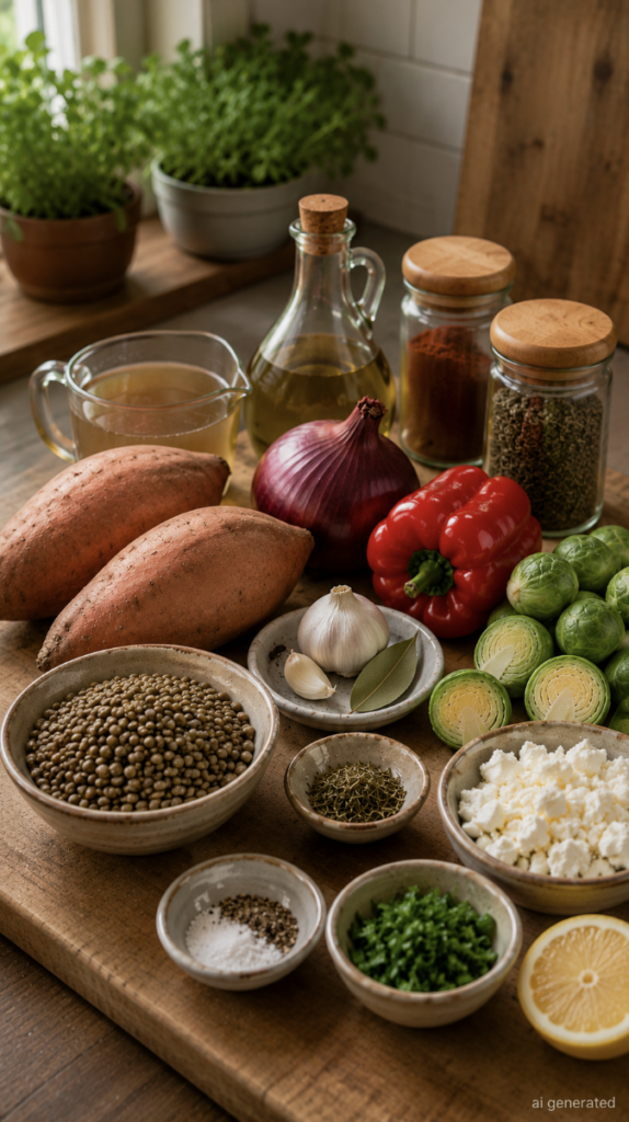 Autumn ingredients for a healthy lentil dish arranged on a kitchen counter, including sweet potatoes, red onion, red bell pepper, Brussels sprouts, green lentils, feta cheese, garlic, lemon, parsley, olive oil, vegetable broth, and spices.