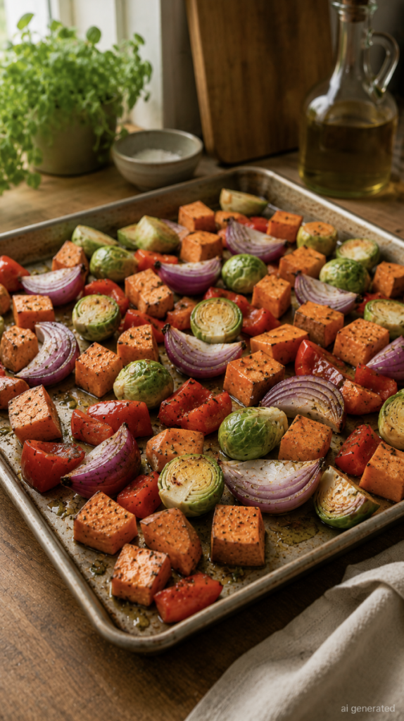 Roasted sweet potato cubes, Brussels sprouts, red onion, and red bell pepper seasoned with herbs and olive oil on a large baking sheet in a warm, rustic kitchen.