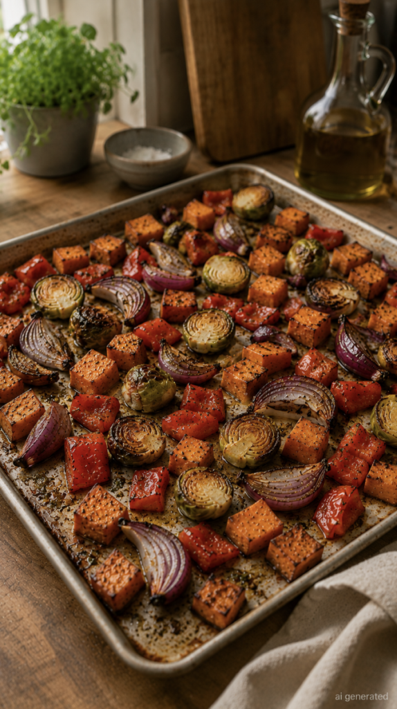 Roasted sweet potatoes, Brussels sprouts, red bell peppers, and red onions caramelized on a baking sheet with golden, slightly crispy edges.