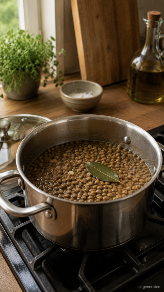 A pot of tender green lentils simmering in vegetable broth with garlic and a bay leaf on a stovetop in a warm, rustic kitchen.