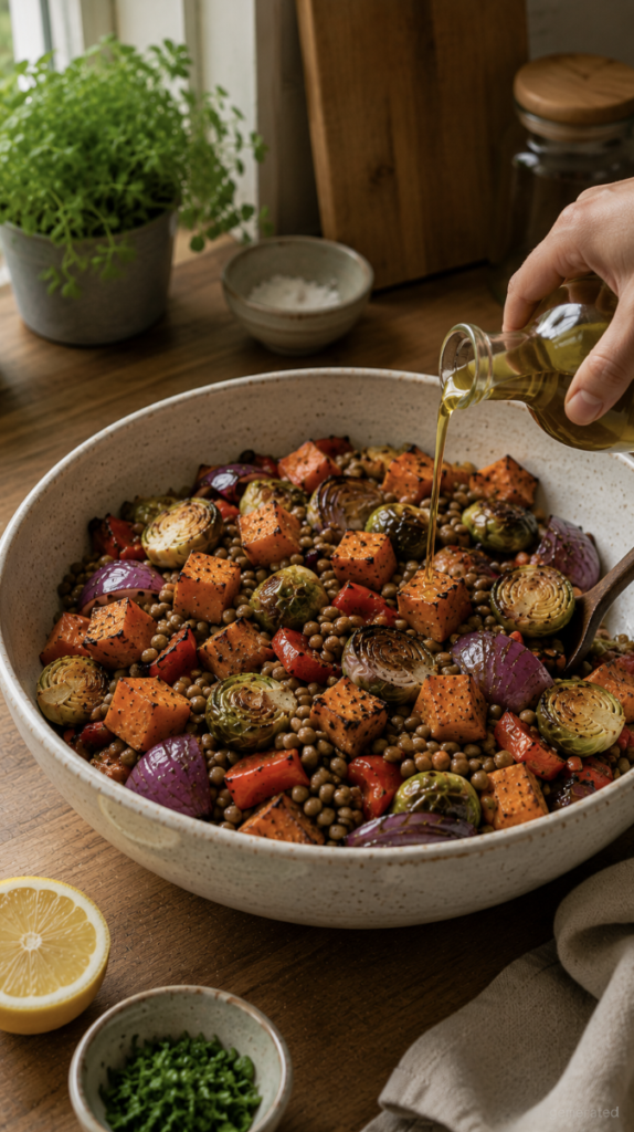 Roasted sweet potatoes, Brussels sprouts, red bell pepper, red onion, and lentils combined in a large bowl with a drizzle of olive oil and fresh lemon juice.