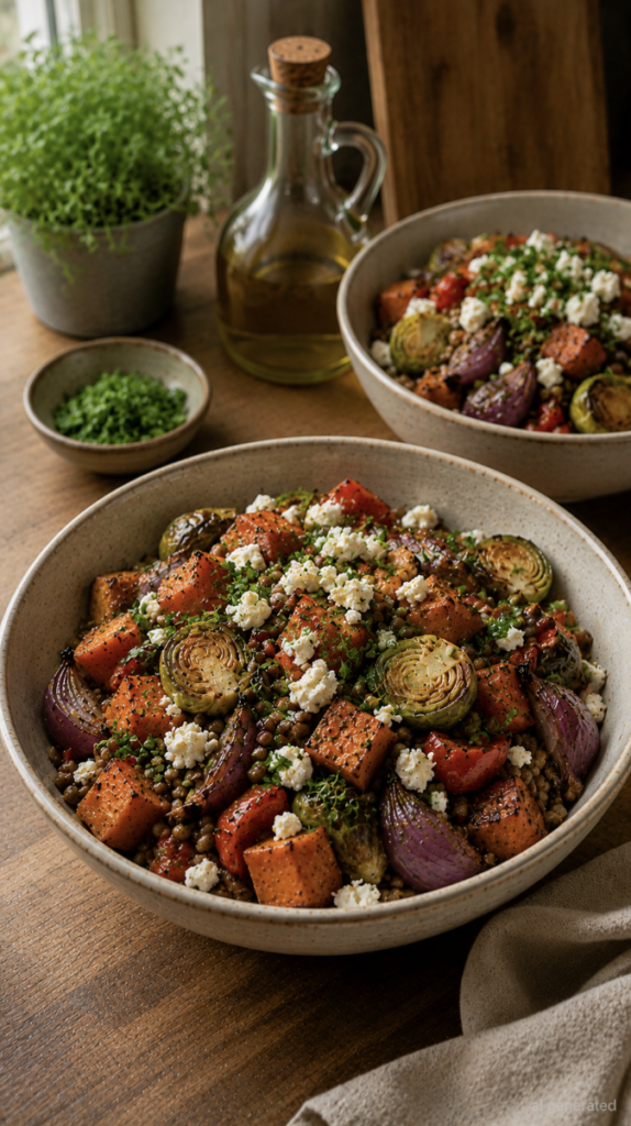 Warm roasted sweet potato and lentil bowls topped with crumbled feta and fresh parsley, served with caramelized Brussels sprouts, red onion, and red bell pepper.