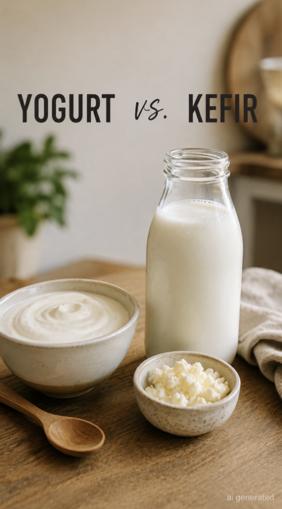 Yogurt vs. kefir comparison with a bowl of creamy yogurt, a glass bottle of kefir, and kefir grains on a rustic wooden kitchen table.