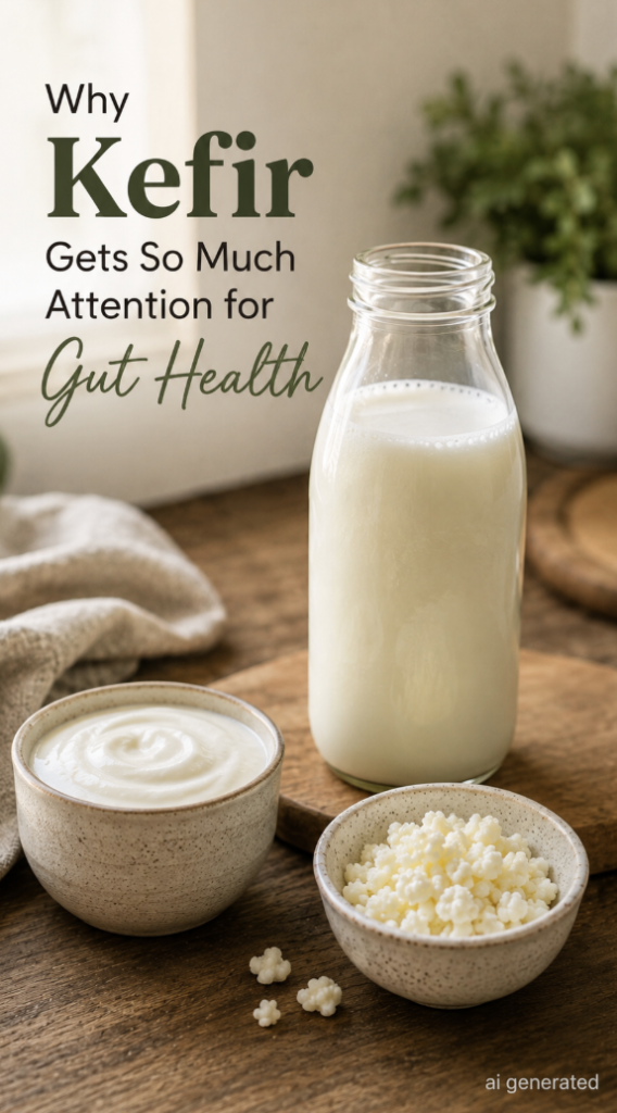 Bottle of kefir with a bowl of creamy yogurt and kefir grains on a warm wooden kitchen table, illustrating why kefir gets so much attention for gut health.