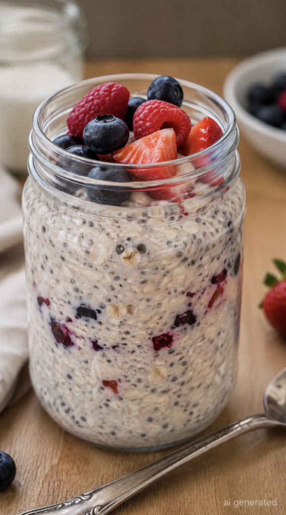Overnight oats with chia seeds topped with fresh blueberries, raspberries, and strawberries in a glass jar.