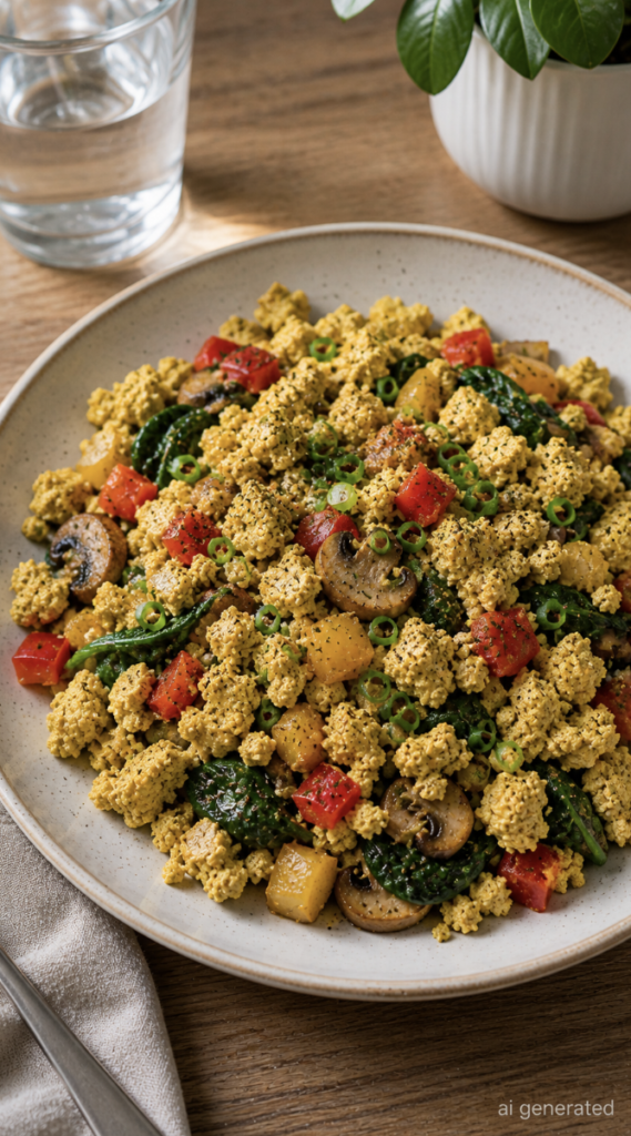 Tofu scramble with colorful vegetables, including bell peppers, spinach, mushrooms, and green onions, served on a ceramic plate.