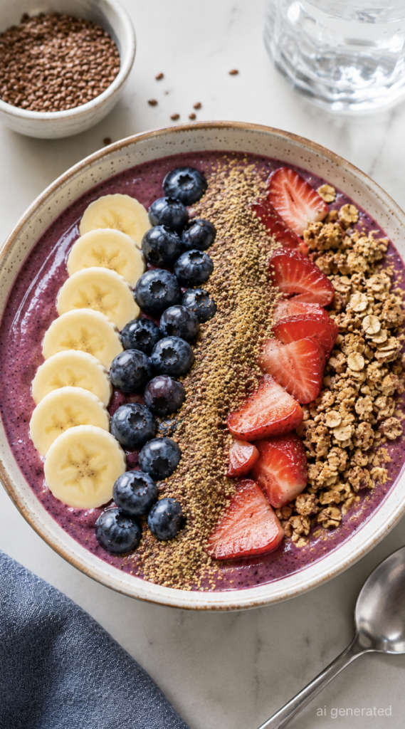 Close-up smoothie bowl topped with banana slices, blueberries, strawberries, granola, and ground flaxseed.