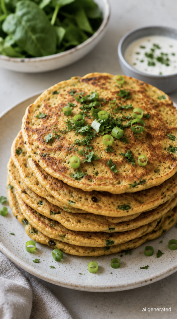 Close-up of golden chickpea flour pancakes topped with fresh herbs and green onions, served with leafy greens and a creamy yogurt dip.