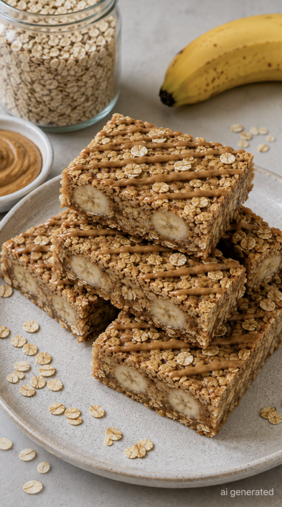 Close-up of homemade peanut butter banana oat bars topped with peanut butter drizzle and oats, served with fresh banana and rolled oats.