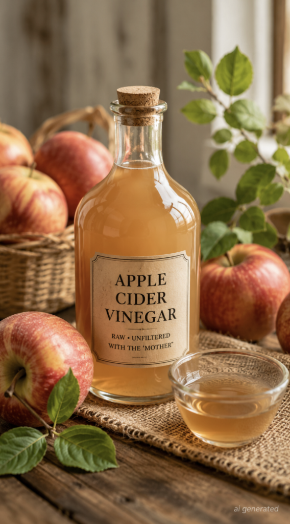Bottle of raw apple cider vinegar with fresh red apples and a small glass of vinegar on a rustic wooden table.