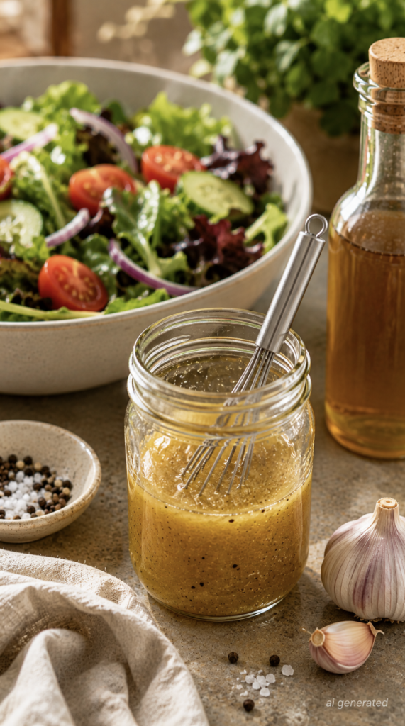 Homemade apple cider vinegar salad dressing in a glass jar with olive oil, garlic, salt and pepper, served beside a fresh mixed salad.
