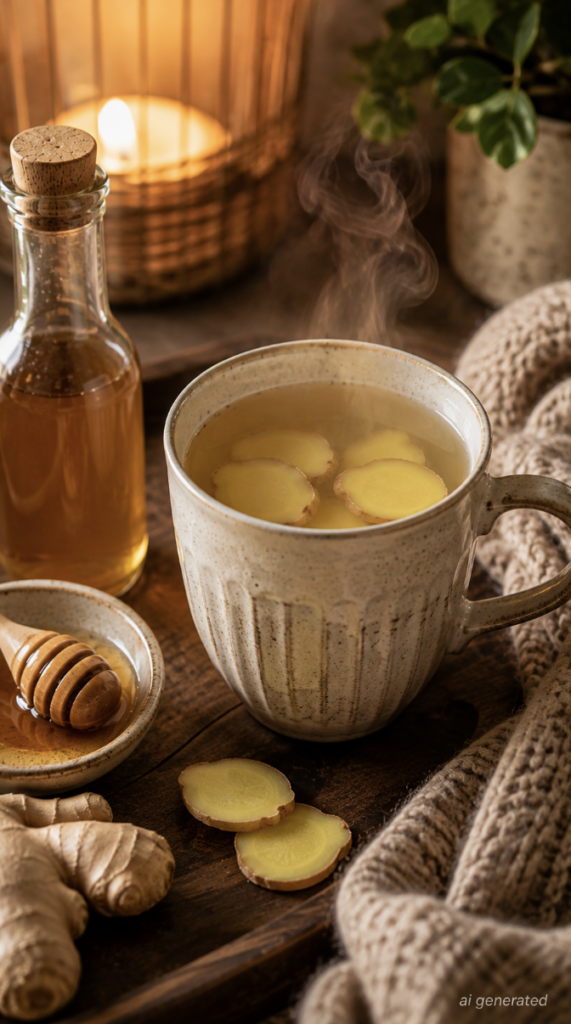 Warm apple cider vinegar and ginger tea with fresh ginger slices and honey in a cozy evening setting.