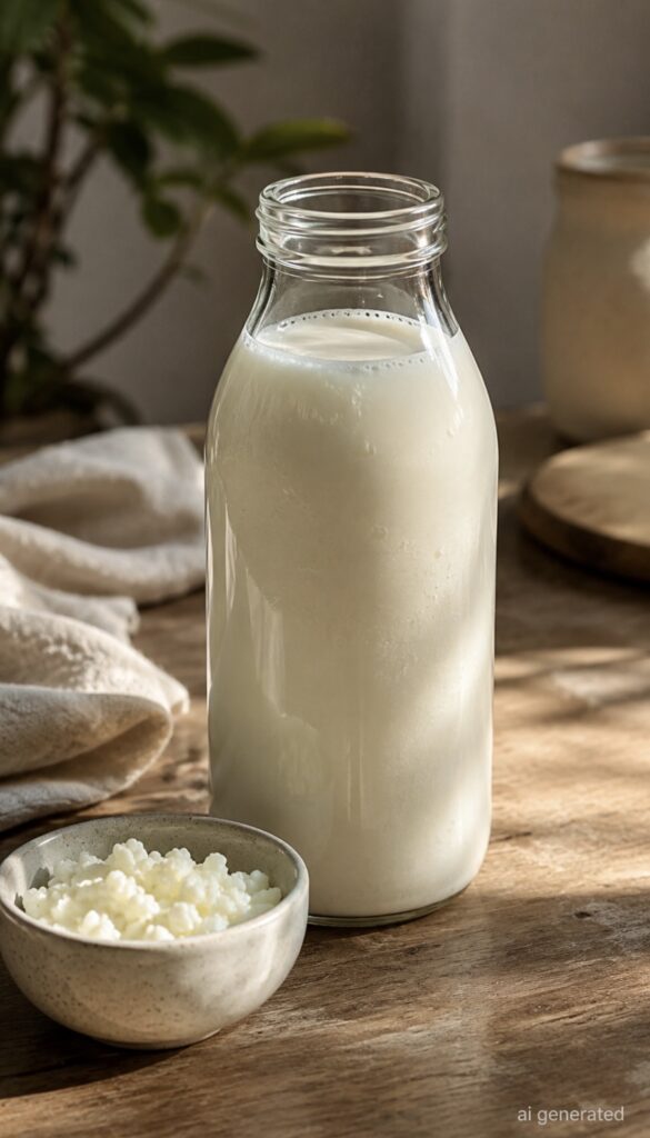 Glass bottle filled with homemade kefir milk on a rustic wooden table, with a small bowl of kefir grains in the foreground.